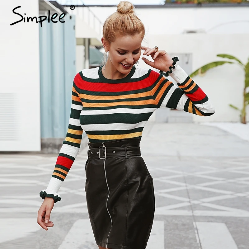Женский розовый свитер Simplee с круглым вырезом полосатый пуловер длинными