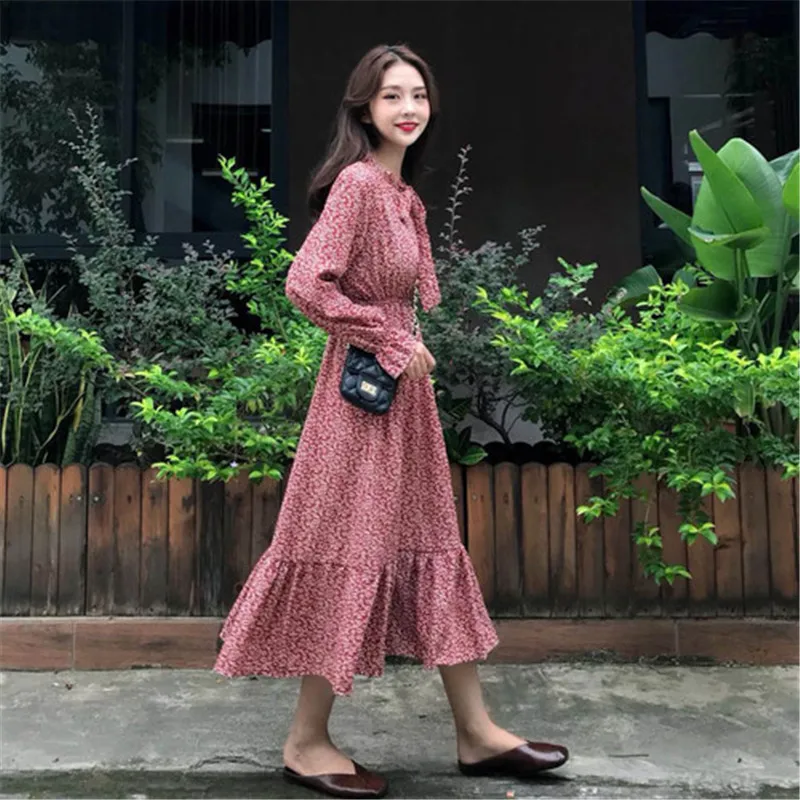 Hzirip 2018 Women Dress Summer Casual Floral Print Chiffon Dresses Ladies Long Lantern Sleeve V-Neck Bow Mid-Calf Vestidos |