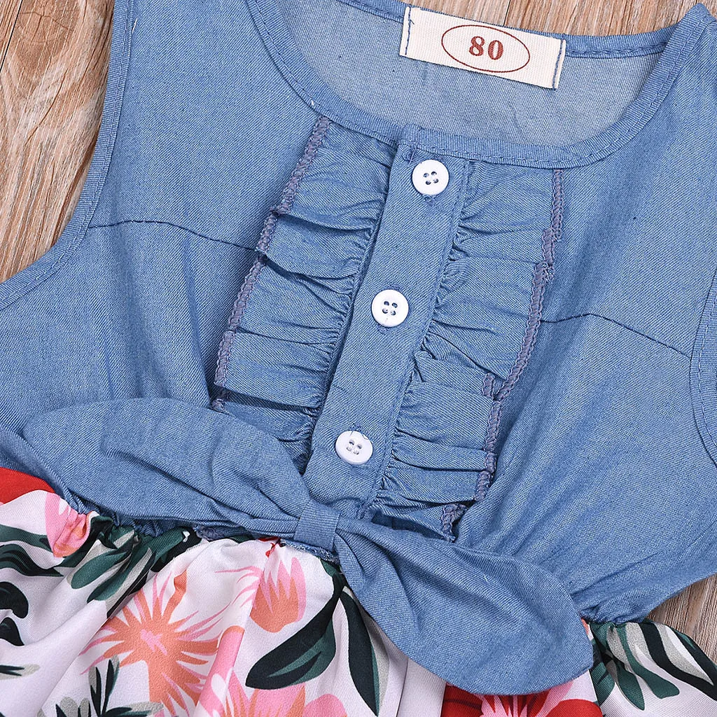 Solid Button Denim Dress Baby Girls Sleeveless Bow Flower Leaf Print Dress+Headband Outfits Princess Clothing M0507 | Детская одежда и