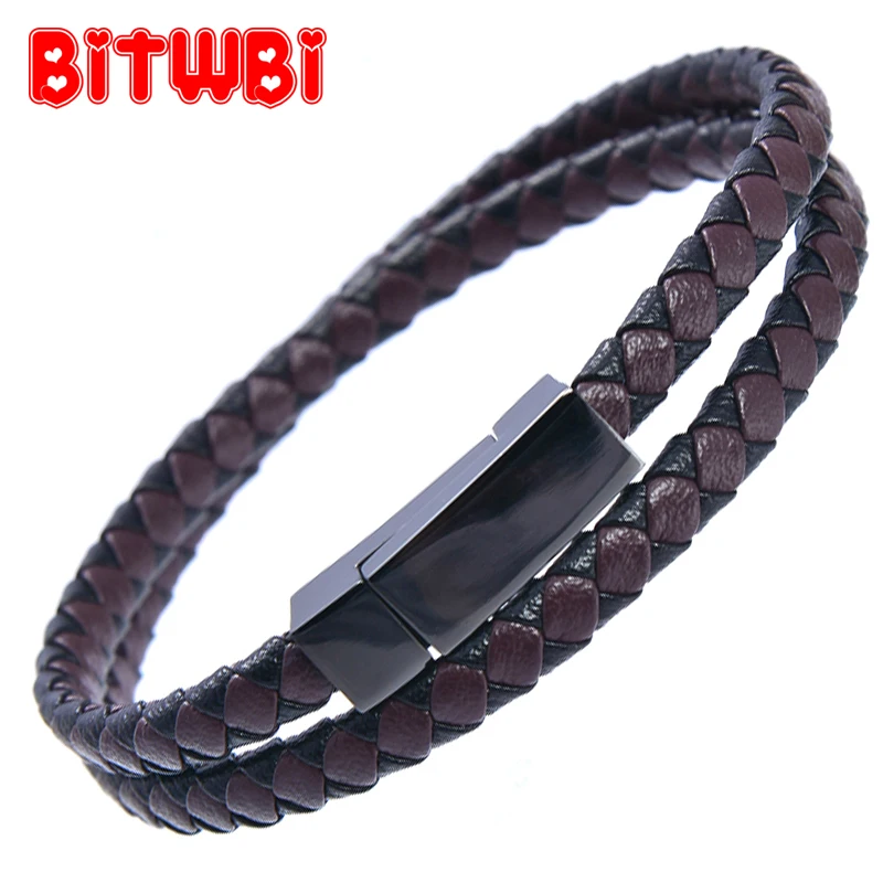 

PUNK Bright surface Stainless Steel Magnet Bracele jewelry Bangles Coffee Cowhide Rope Charm Bracelets for Women Men