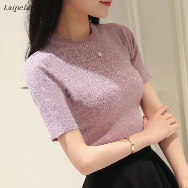 

Korean women bright silk short sleeve sweater sleeve head short slim shirt sweater female new spring and summer Laipelar