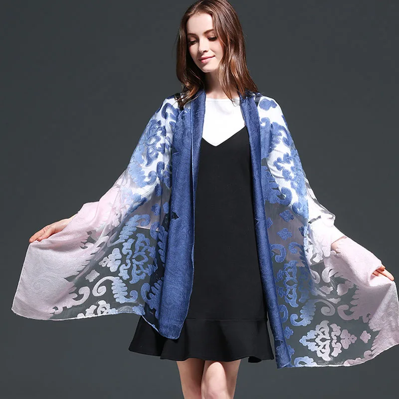 Summer New Organza shadow Double Colors Hollow Lace Long Scarves Sunscreen Beach Scarfs All-Match Muffler Muslim Hijab Bufandas |