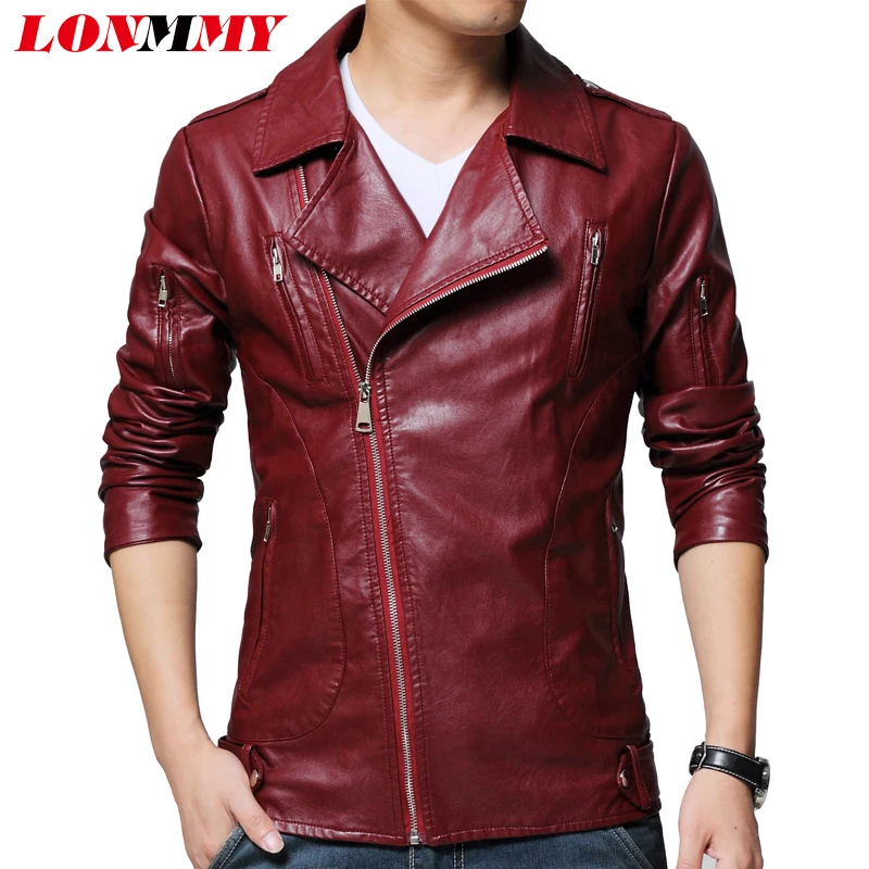 LONMMY Leather jacket men Oblique zipper PU Suede windbreaker mens leather coat Outerwear Slim fit Red 2018 Autumn Spring | Мужская