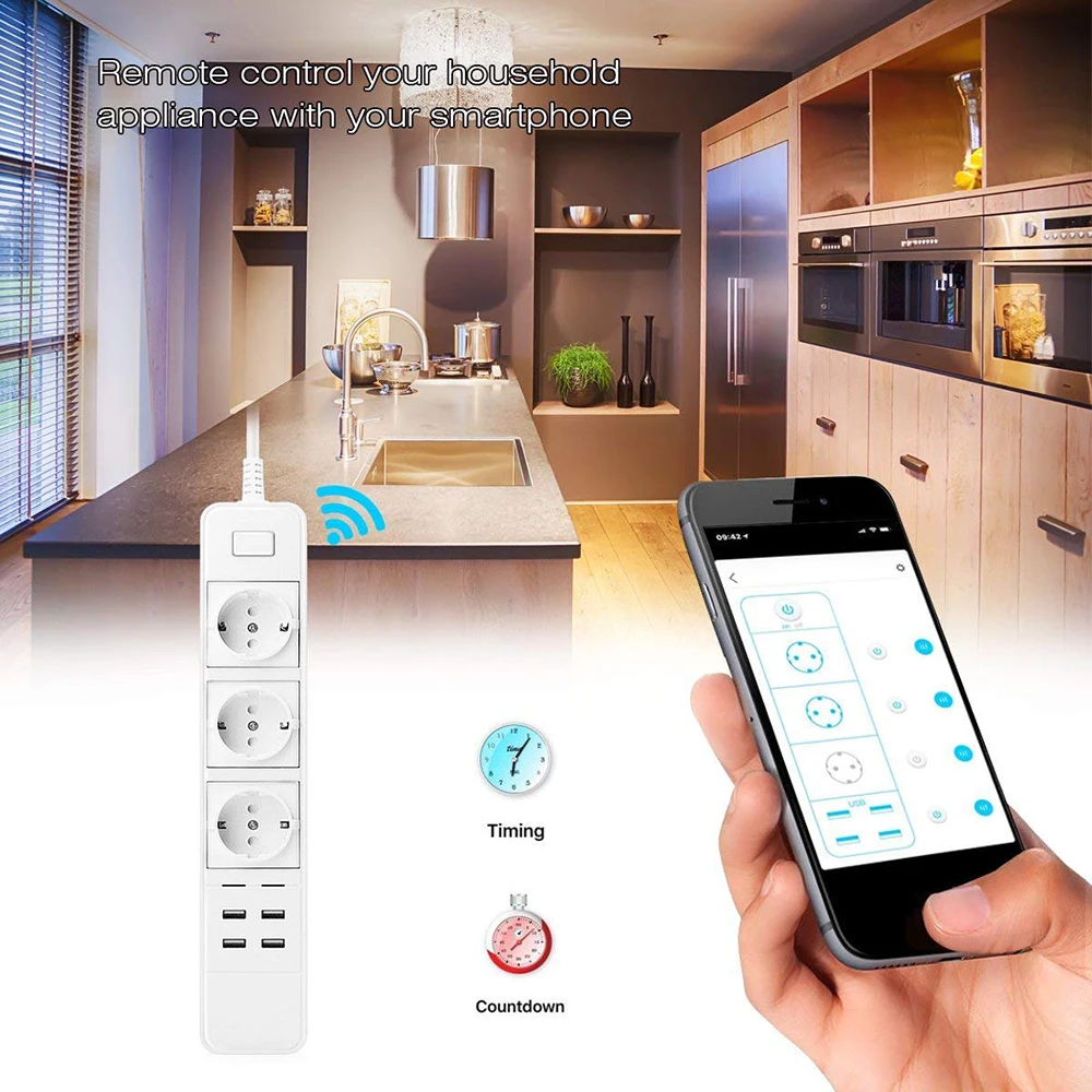 FORNORM Wi Fi розетка умная 3AC 4USB ЕС пульт дистанционного управления с удлинителем
