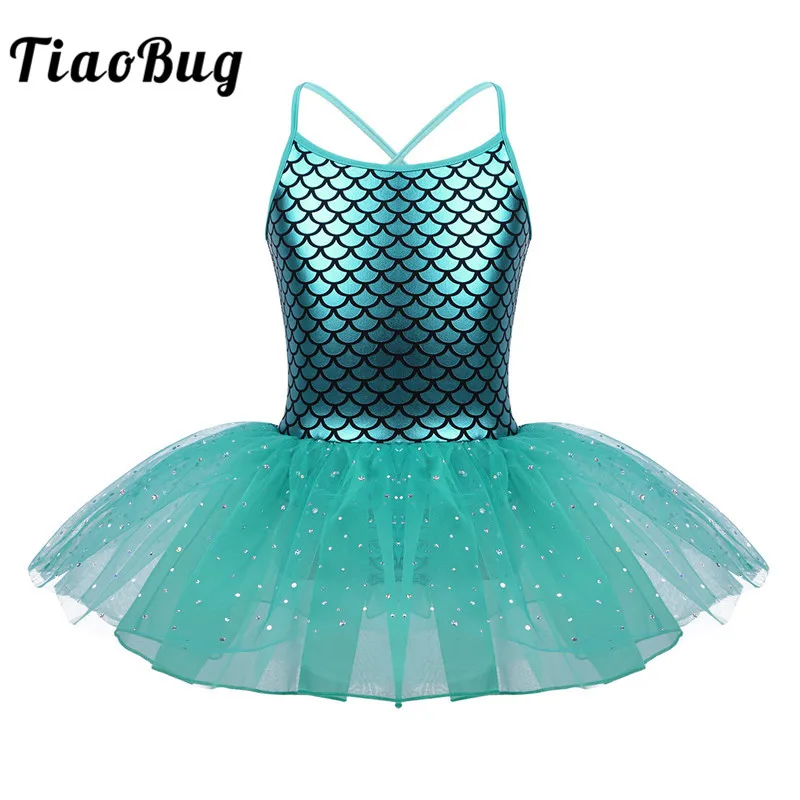 

TiaoBug Kids Girls Ballet Tutu Leotard Dress Spaghetti Straps Scales Printed Dance Wear Child Stage Shiny Mermaid Dance Costume