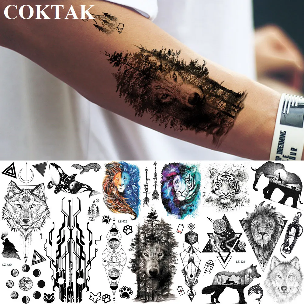 

COKTAK Forest Lion Tiger Galaxy Temporary Tattoos Stickers Geometric Planets Water Transfer Tatoos Body Art Wrist Tattoo Papers