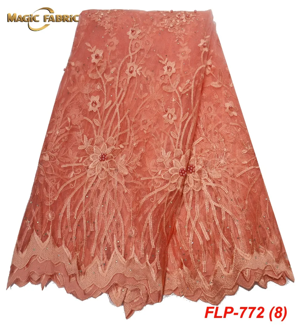 

Latest Nigerian Laces Fabrics High Quality African Laces Fabric For Wedding Dress French Tulle Lace With Beads FLP-772