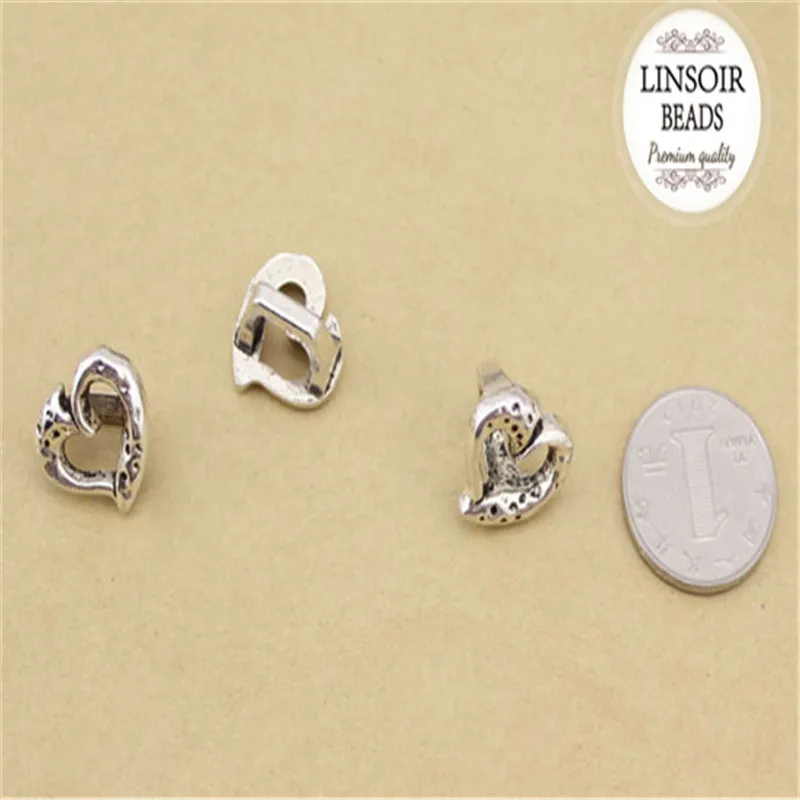 LINSOIR 10pcs Love Heart Charms Beads Fit 7x10mm Leather Cord Antique Sliver Color Big Hole Spacer For Making Jewelry | Украшения и