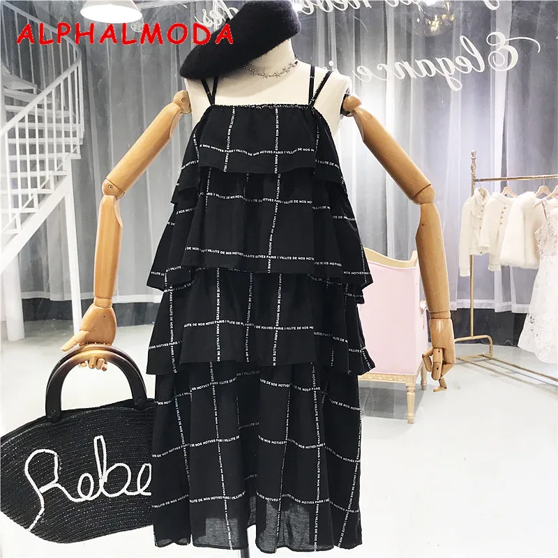 Женское многослойное платье ALPHALMODA на тонких бретельках с оборками и буквенным