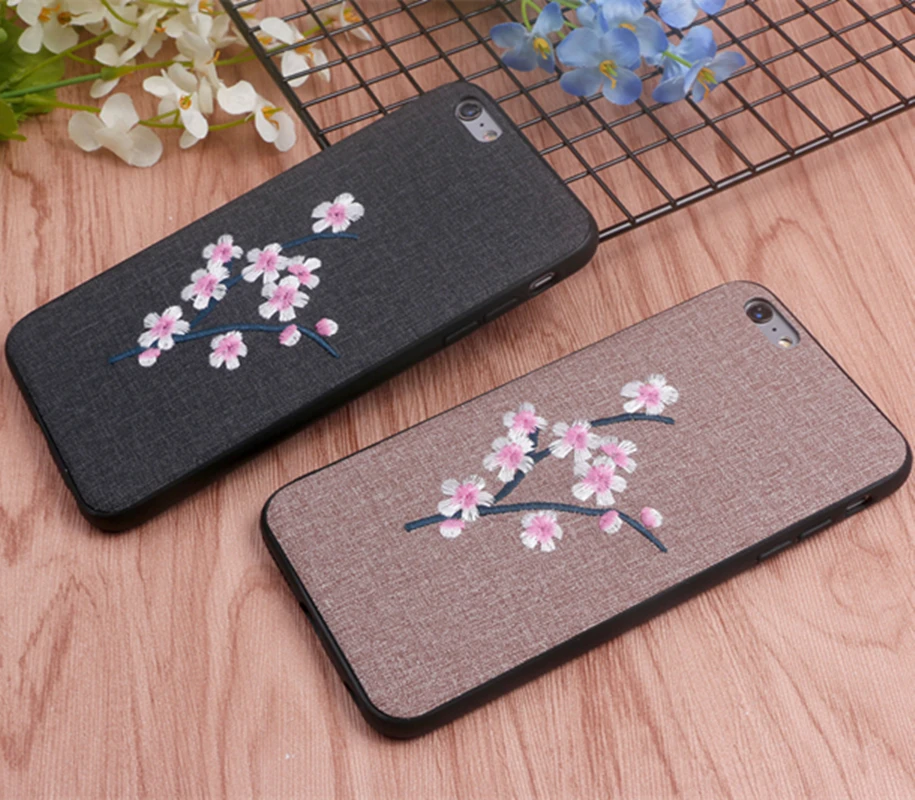 Вышивка plum цветок чехол для iPhone X плюс крышка Капа Коке 7 6 8 360 градусов Plus