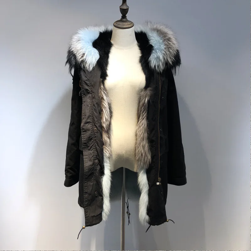 the women of new fund 2018 autumn winters in blue coat three spell fox fur bladder long silver | Женская одежда
