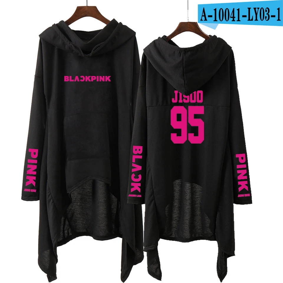 A10041-BLACK Kpop Blackpink Весенняя женская черная толстовка с капюшоном Длинная юбка черный розовый альбом с квадратным принтом Harajuku Толстовка Топы - Цвет: A10041-BLACK