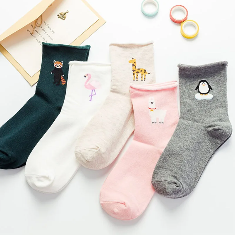 

cute japanese socks women funky happy dog flamingo pattern socks woman funny cotton winter novelty cozy crazy socks white pink
