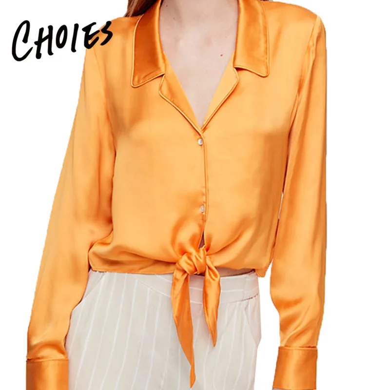 CHOIES желтый галстук спереди для женщин атласная рубашка с длинными рукавами Новая