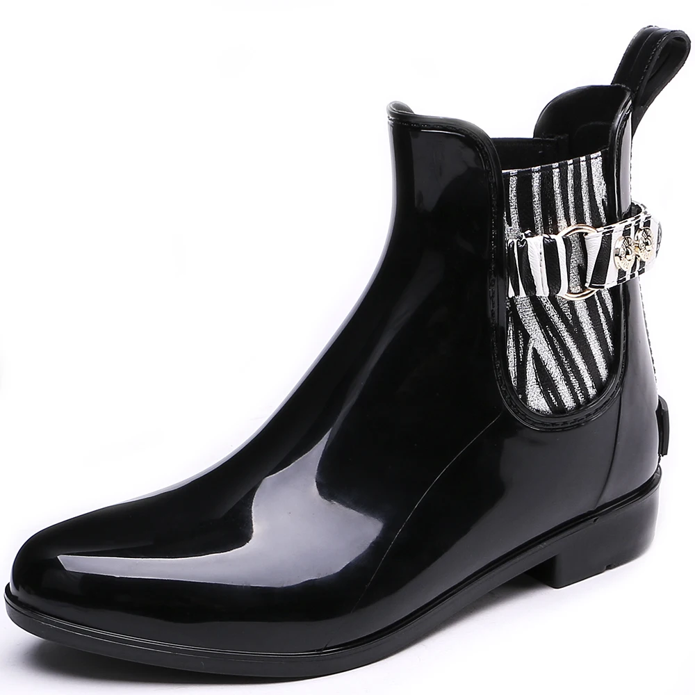 

TONGPU Women's Ankle High Glossy Surface Zebra Side Elastic Belt and Ring Waterproof Outdoor Rain Boots