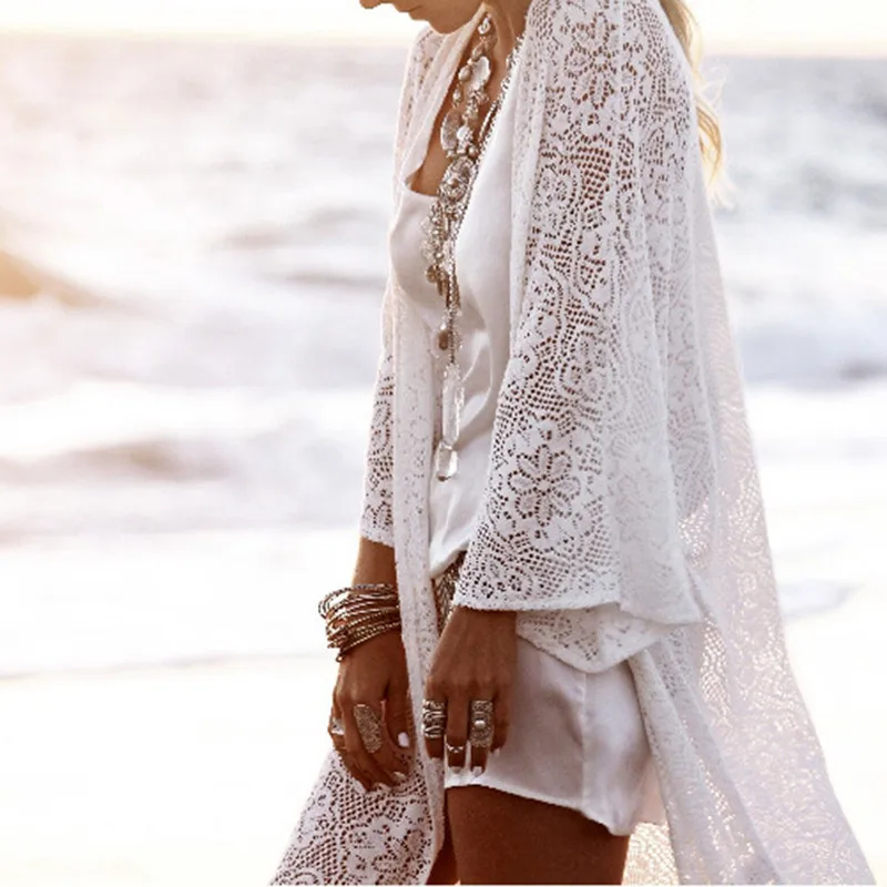В богемном стиле с длинными рукавами ажурным трикотажным переплетением летний