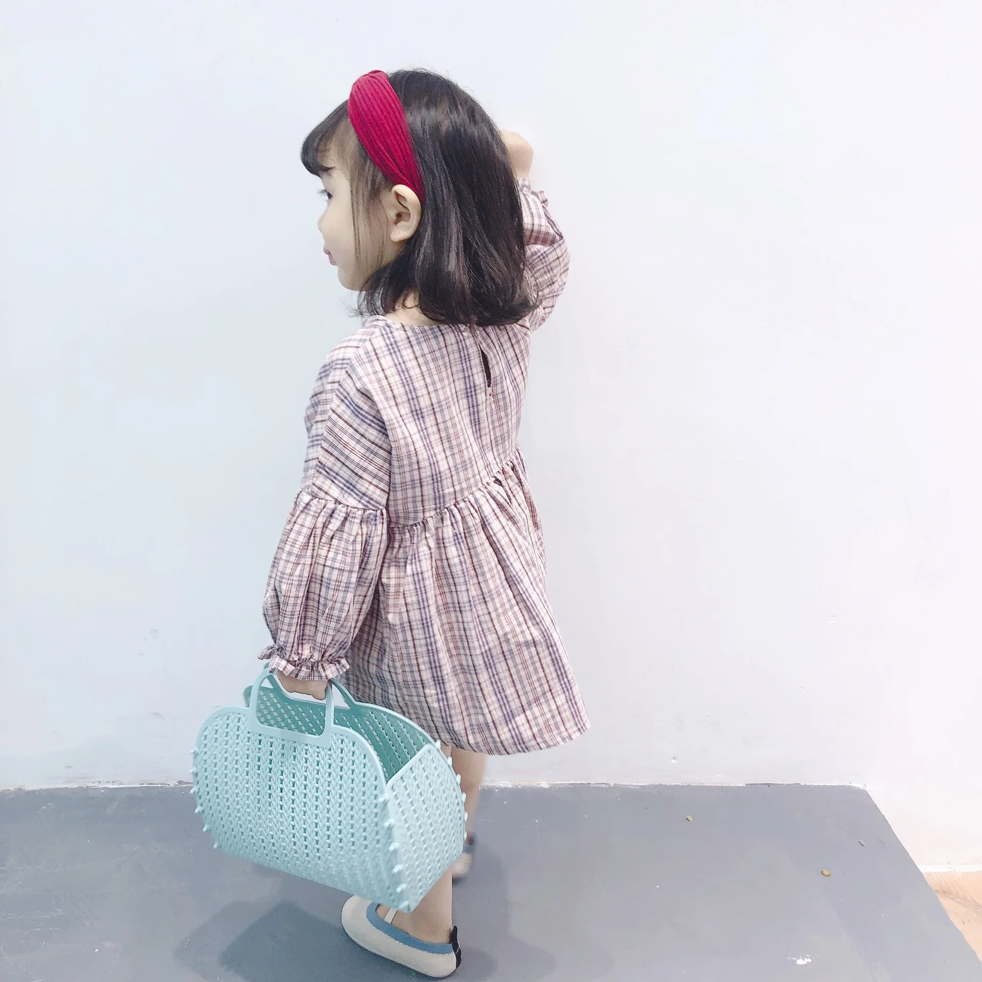 2019 Spring cute girls pink plaid puff sleeve loose A-line fashion princess dresses kids cotton all-match casual dress | Детская одежда