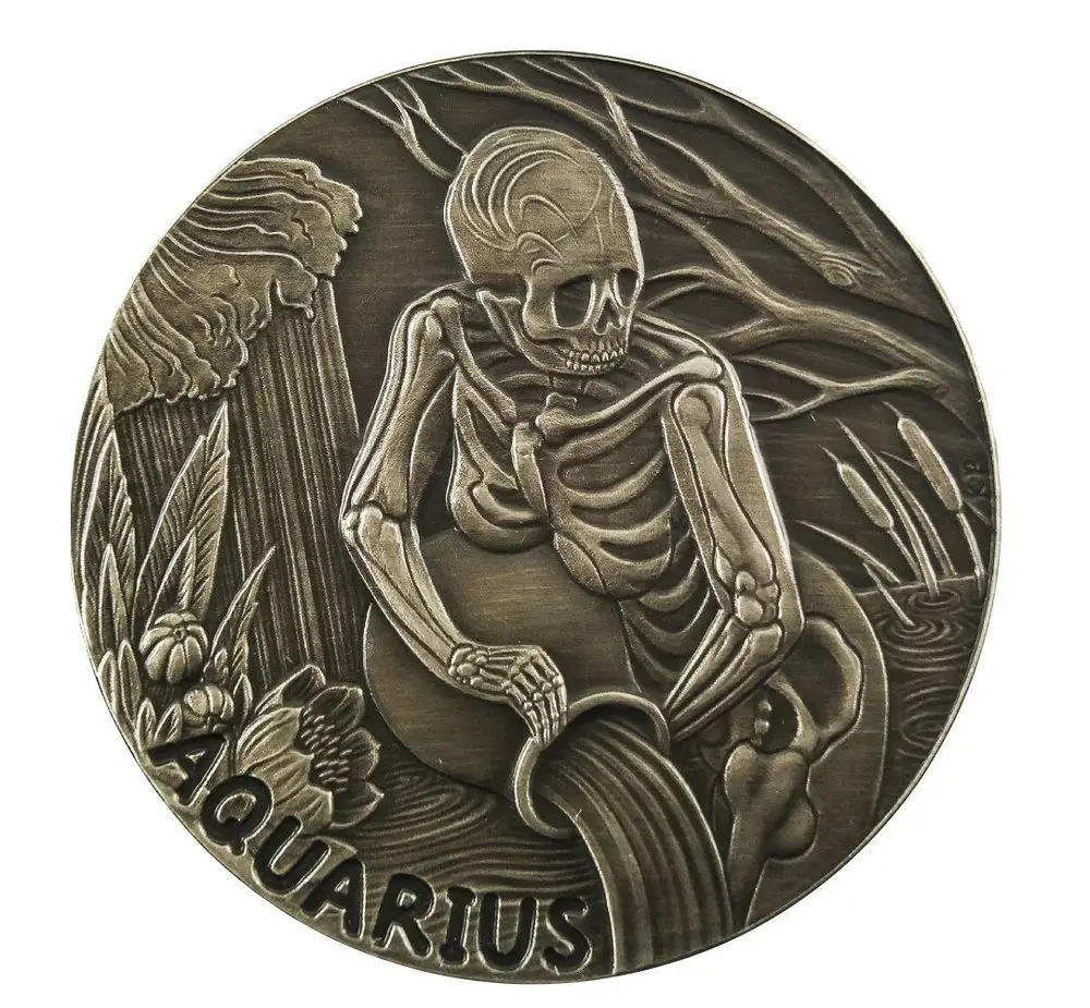 Бесплатная доставка 50 шт./лот AQUARIUS Memento Mori Zodiac череп Horoscope медная монета 2015|coin coins|lot
