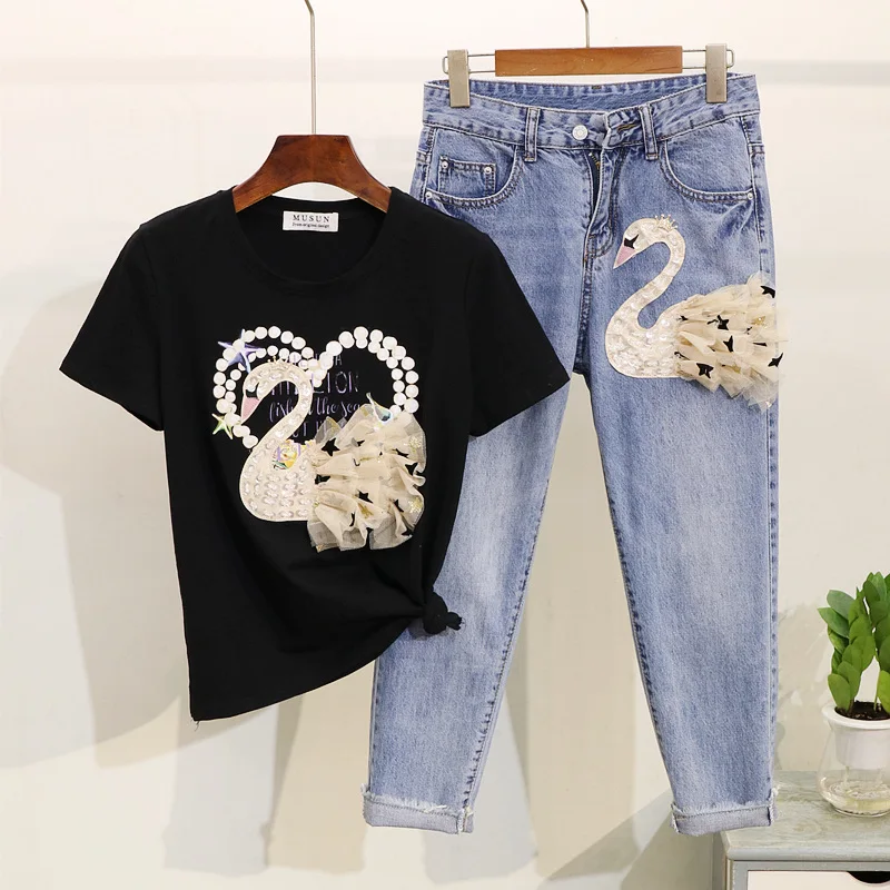 Женский Брючный комплект ALPHALMODA футболка с коротким рукавом и принтом лебедя