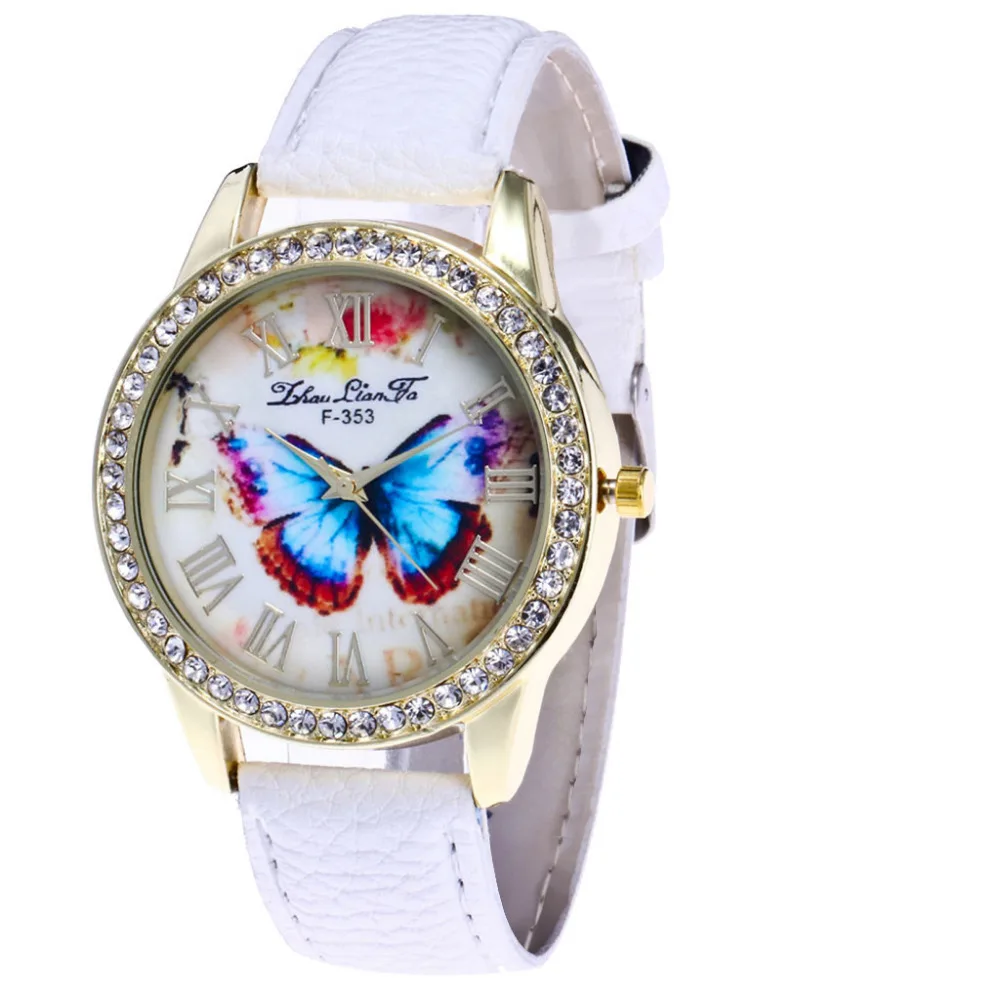 

Fashion Rhinestone Woman Watch Womens Fashion Butterfly Style Leather Quartz Wrist Watch Bayan Kol Saati Relogio Feminino