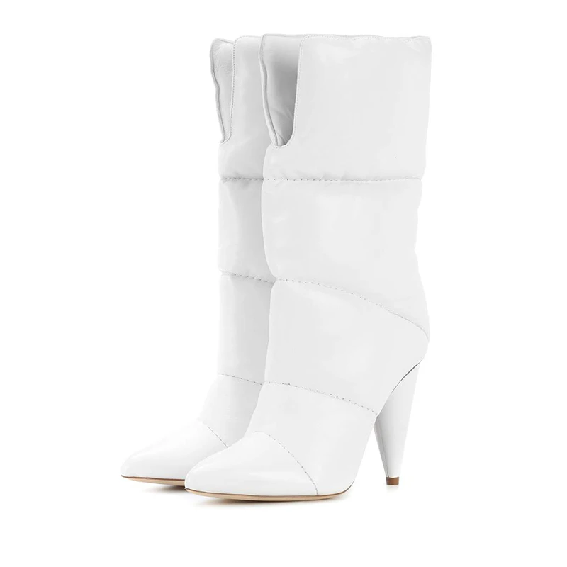 New spike high heels snow boots women pointed toe mid calf slip on winter shoes white black runway lady party dress boots