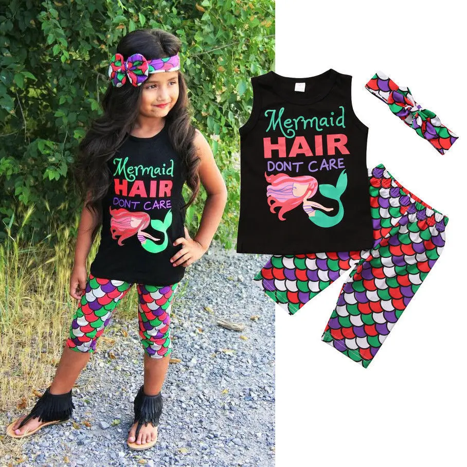 Комплект из 3 предметов Детская футболка без рукавов с русалочкой для маленьких