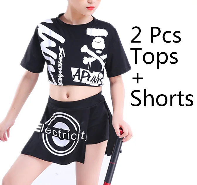 2 Pcs Костюмы в стиле хип-хоп для девочек; черный топ и шорты; детская одежда для уличных танцев; современный джазовый костюм; детская одежда для выступлений; DNV11003 - Цвет: 2 Pcs