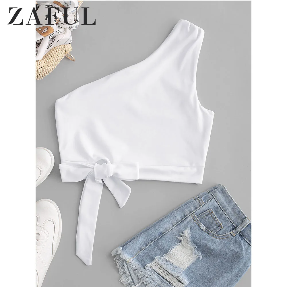 ZAFUL Одно Плечо Узелок Твердые Майка Женщины Повседневная Короткая Рубашка