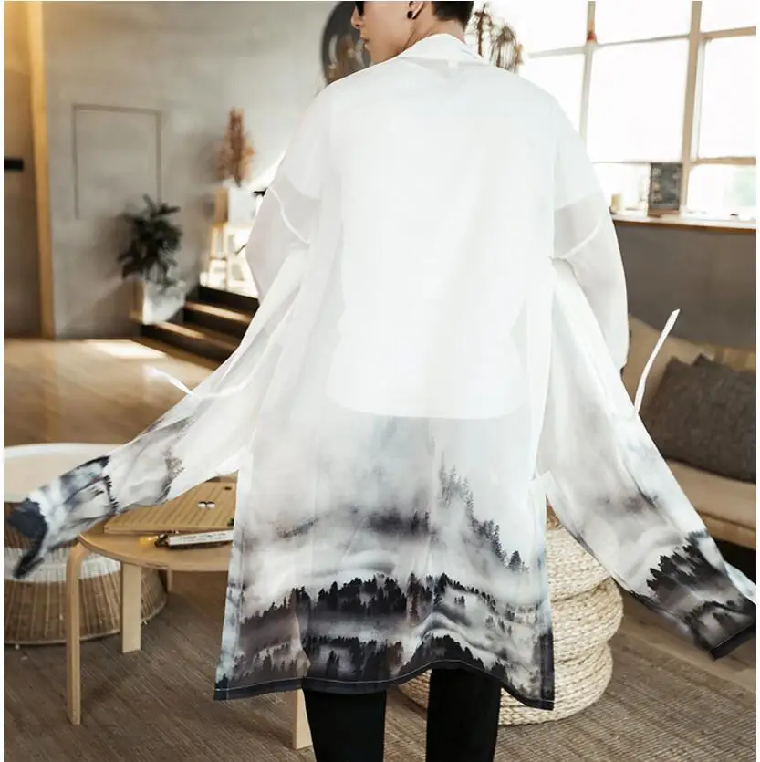 

Chinese Style Summer Men's Windbreaker Jacket Thin Over The Knee Long Section Cotton Linen Cloak Sunscreen Cloak Male Long Coat
