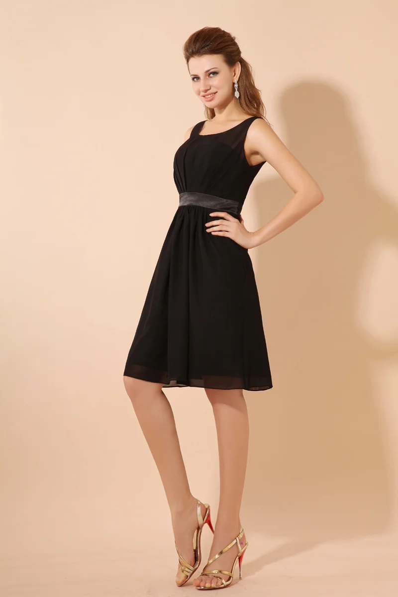 Real Picture A-line Knee Length Scoop Bridesmaid Dress With Sleeveless Ruffles Chiffon Black Prom Gowns | Свадьбы и торжества