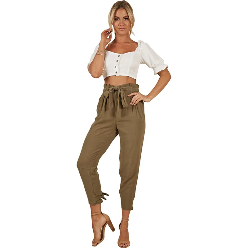 

New hot high waist women's trousers fashion personality bow tie belt women's pants casual Harlan temperament women's pants
