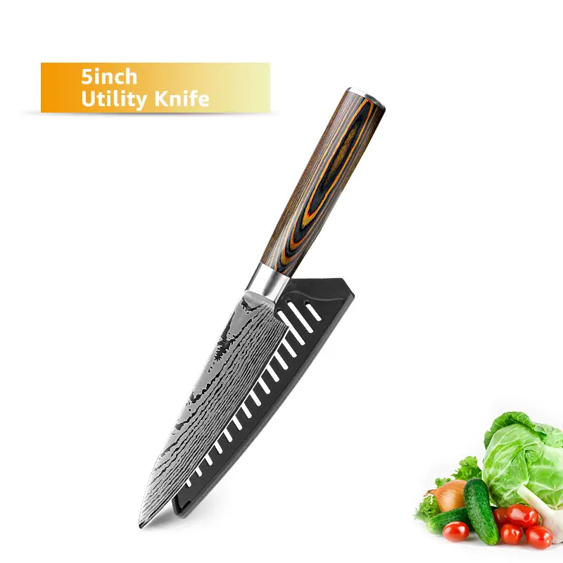 5 utility knife Поварские ножи, кухонный нож, японский 7CR17 440C, высокоуглеродистая Нержавеющая сталь, имитация дамасской шлифовки, лазерный нож, Прямая поставка - Цвет: 5 utility knife