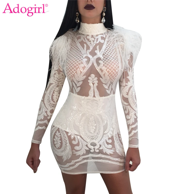 Adogirl 2018 модное вечернее платье с блестками и перьями сексуальное прозрачное