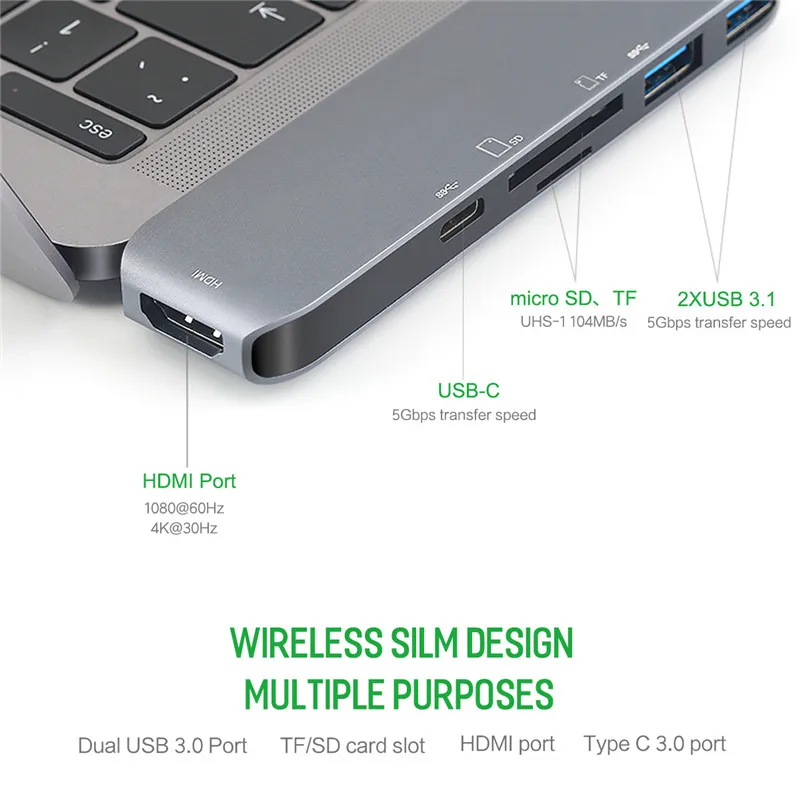 ROCK 6 в 1 Usb концентратор все конвертер USB C HDMI 4 K SD TF кардридер для MacBook huawei type 3 0 5