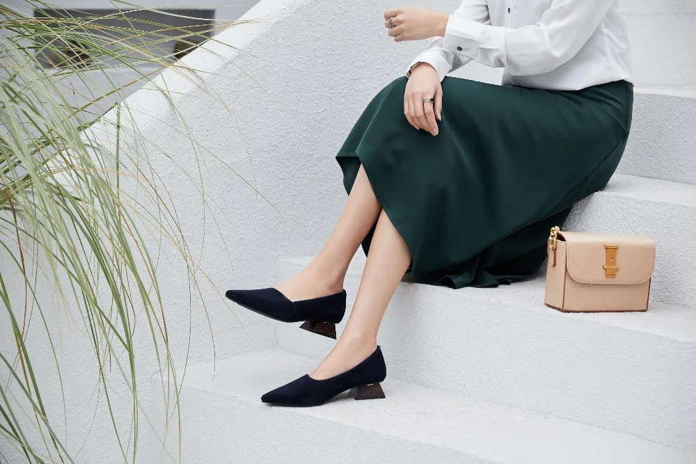 Krazing Pot European popular concise pumps genuine leather block low heels slip on solid vintage pointed toe clubwear shoes L25