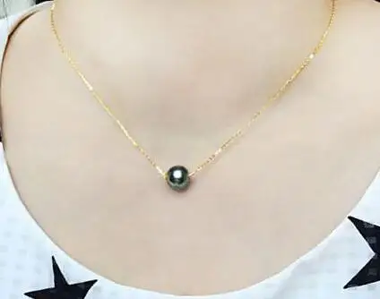 free shipping &gt&gt&gt&gtnoble jewelry gorgeous 10-11mm tahitian round black green pearl necklace 17.5&quot 14k gold chain | Украшения и