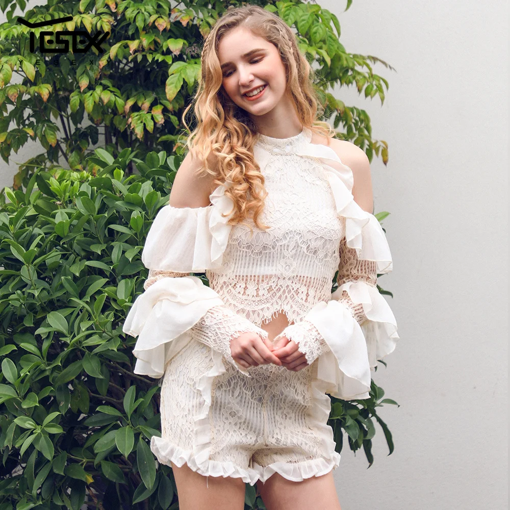 Yesexy/2019 летние сексуальные оборки открытые плечи кружевная майка с выемкой