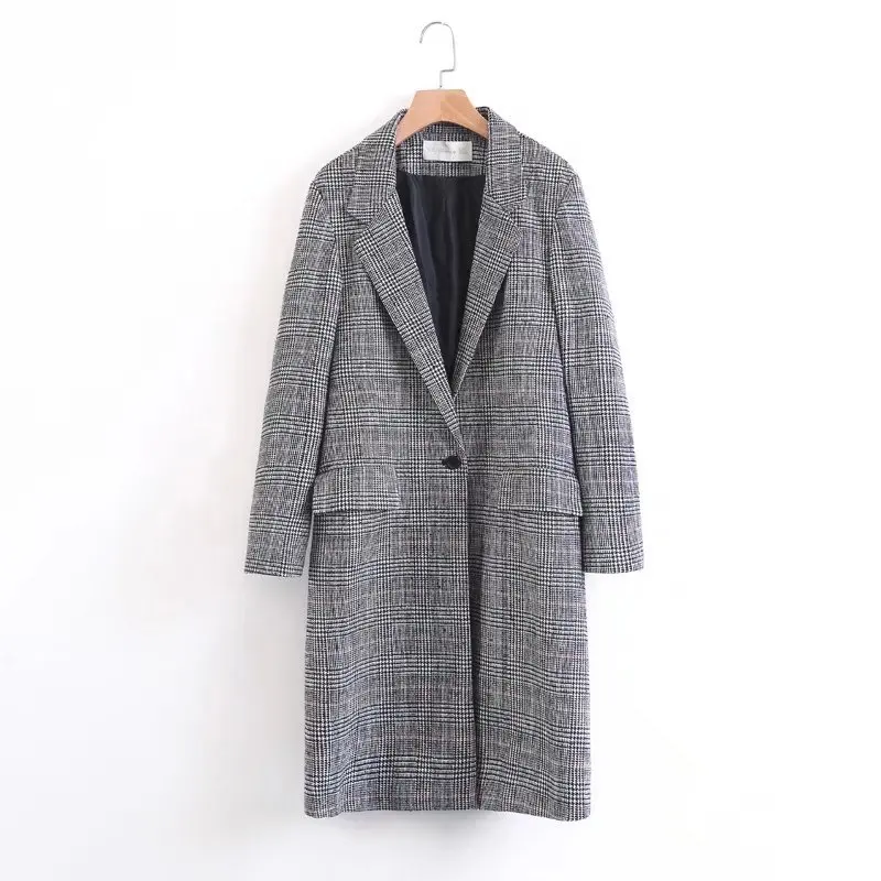 

Europe and the United States new fashion wild houndstooth one button plaid long woolen coat women AL374