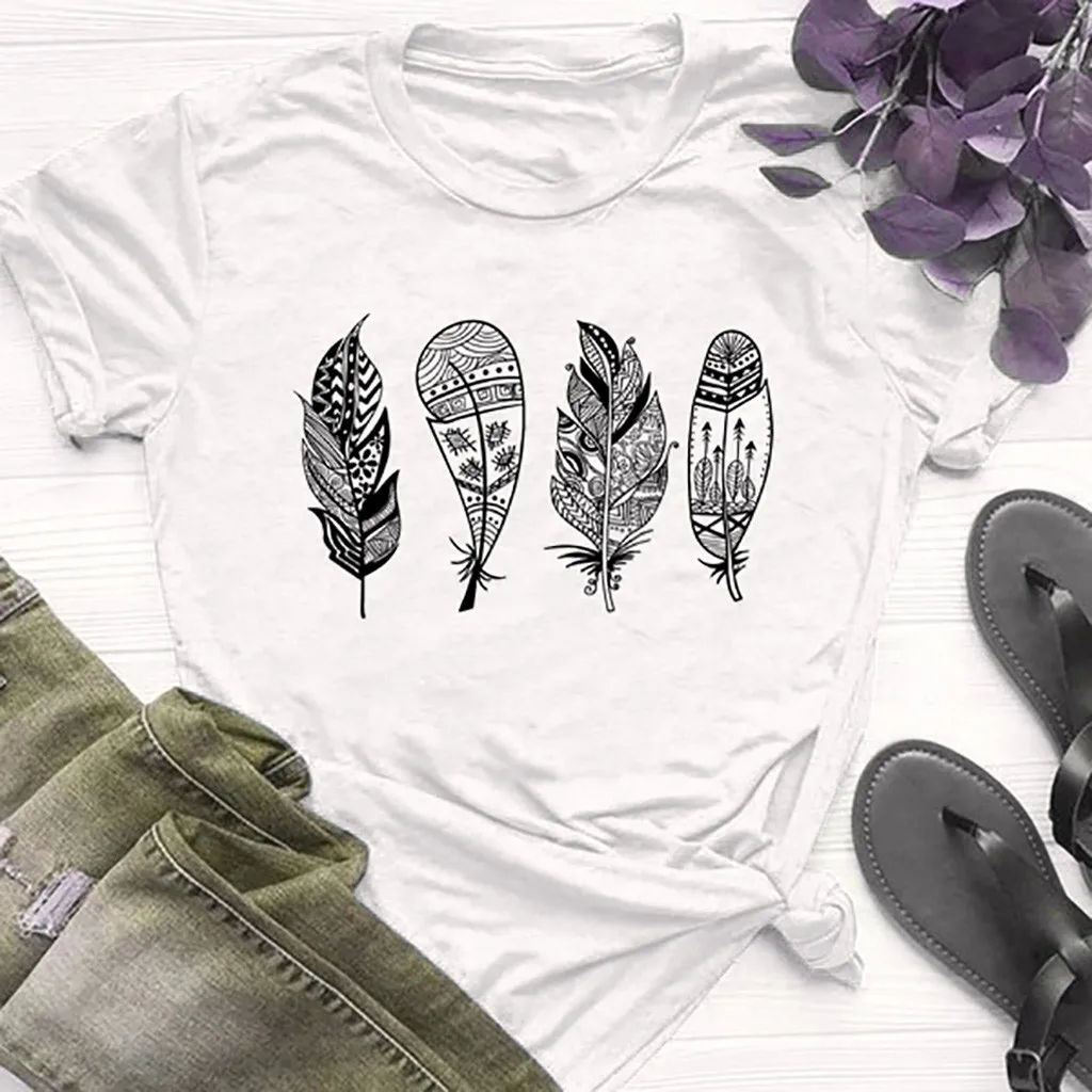 Женская летняя футболка с принтом перьев Повседневная коротким рукавом топ