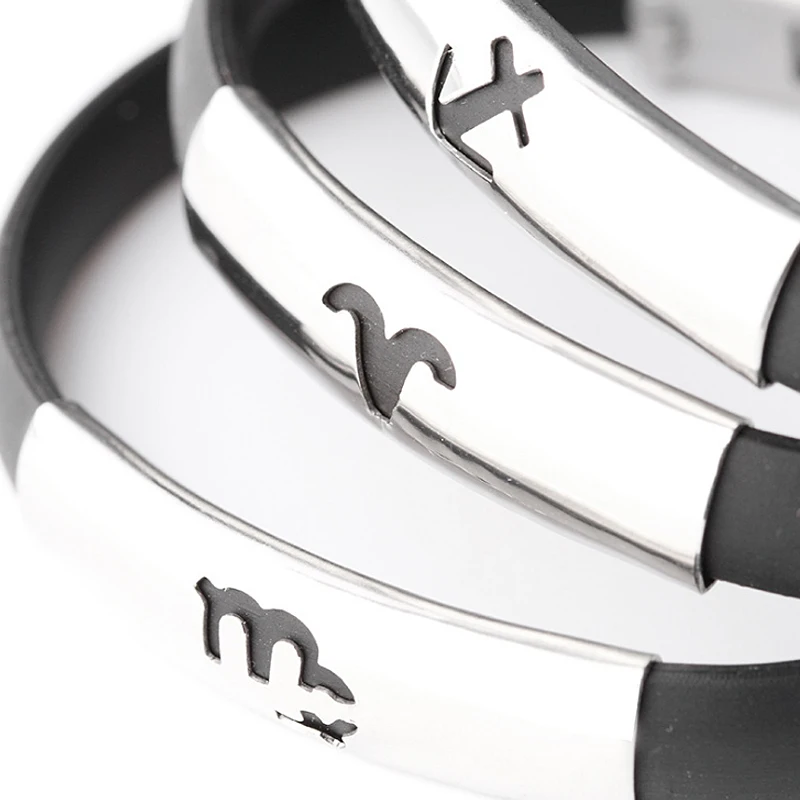 Stainless Steel 12 Constellations Black Silicone Rubber Bracelets Mens Bangle Wristbands Pulsera Jewelry | Украшения и аксессуары