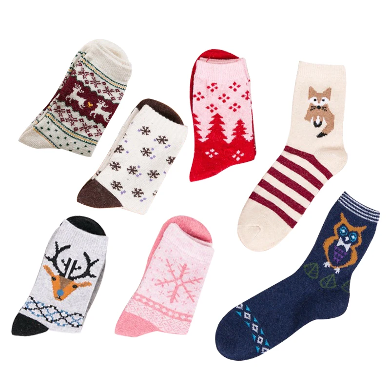 

5 pairs/Lot women Cotton socks casual Winter Rabbit Wool Socks cute Cartoon owl fox elk snowflake owl Female Christmas socks
