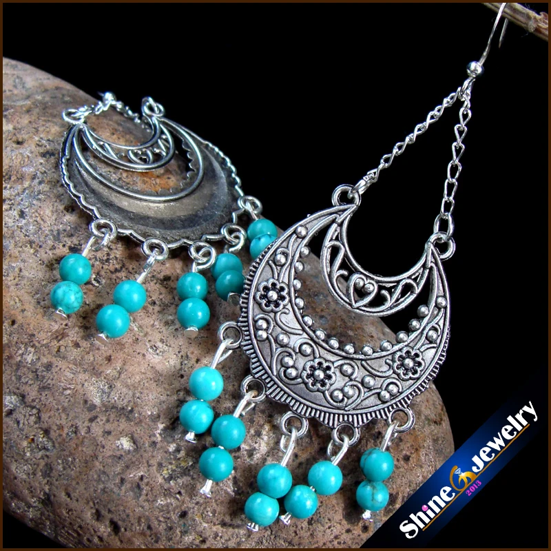 Винтажные тибетские стильные модные ювелирные серьги для женщин с зеленая