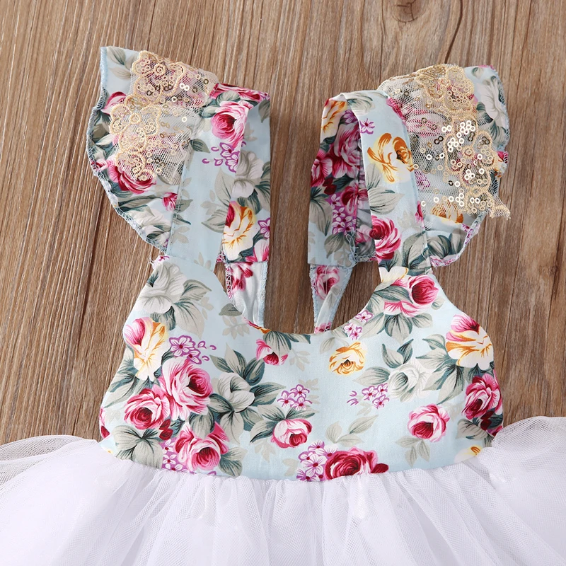Fashion Cute 0-5Y Outfit Summer Party Newborn Infant Baby Girls O-Neck Floral Print Solid Lace Knee-Length Tutu Princess Dress | Детская