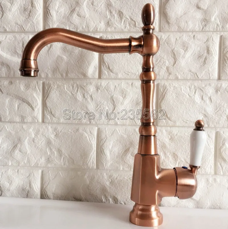 

Swivel Spout Antique Red Copper Bathroom Faucet Deck Mounted Single Handle Cold and Hot Water Taps Basin / Sink Faucets lnf416
