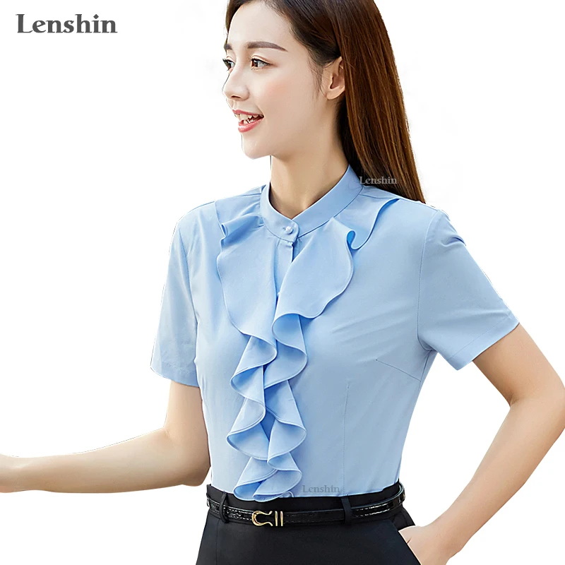 Lenshin с воротником-стойкой Новая модная женская рубашка коротким рукавом и