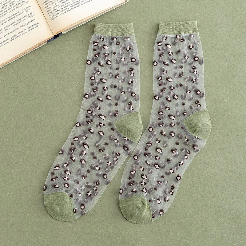 green socks Леопардовые прозрачные женские ультратонкие шелковые носки, крутые Дышащие Короткие женские носки из тюля, летние новые элегантные эластичные носки - Цвет: green socks
