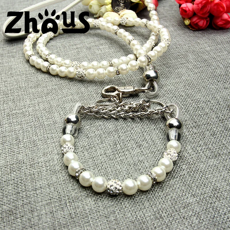 

New Silver Pearl Pet Collar Leash Set Dog Collar Dog Leash Pet Supplies Dog Collars For Small Dogs