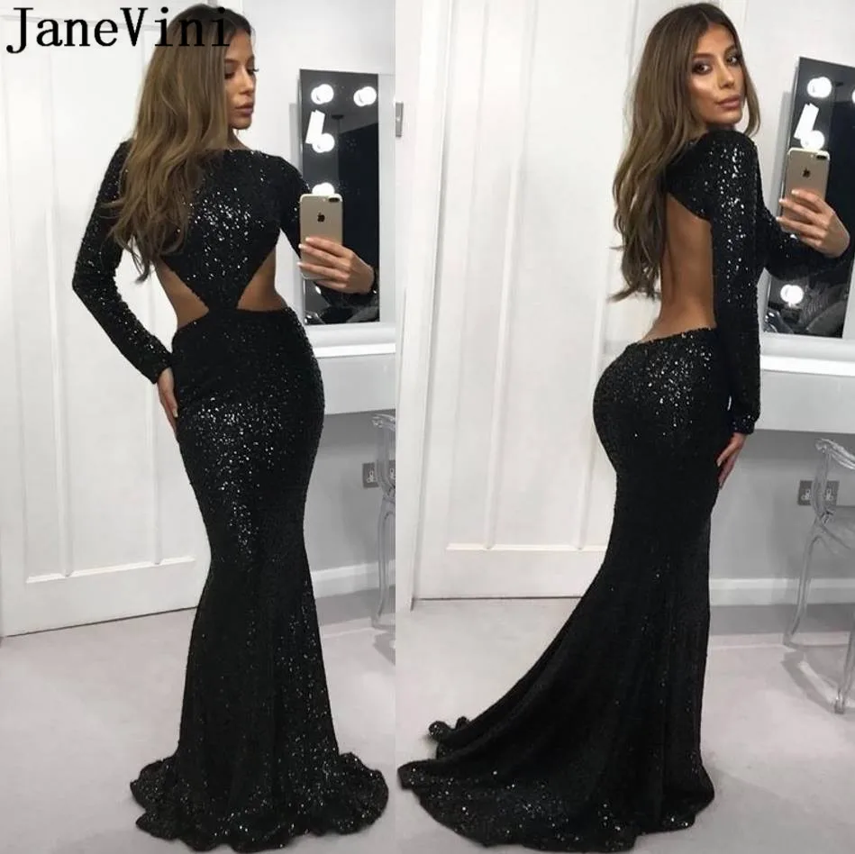 Женское вечернее платье с блестками JaneVini Черное длинным рукавом и открытой