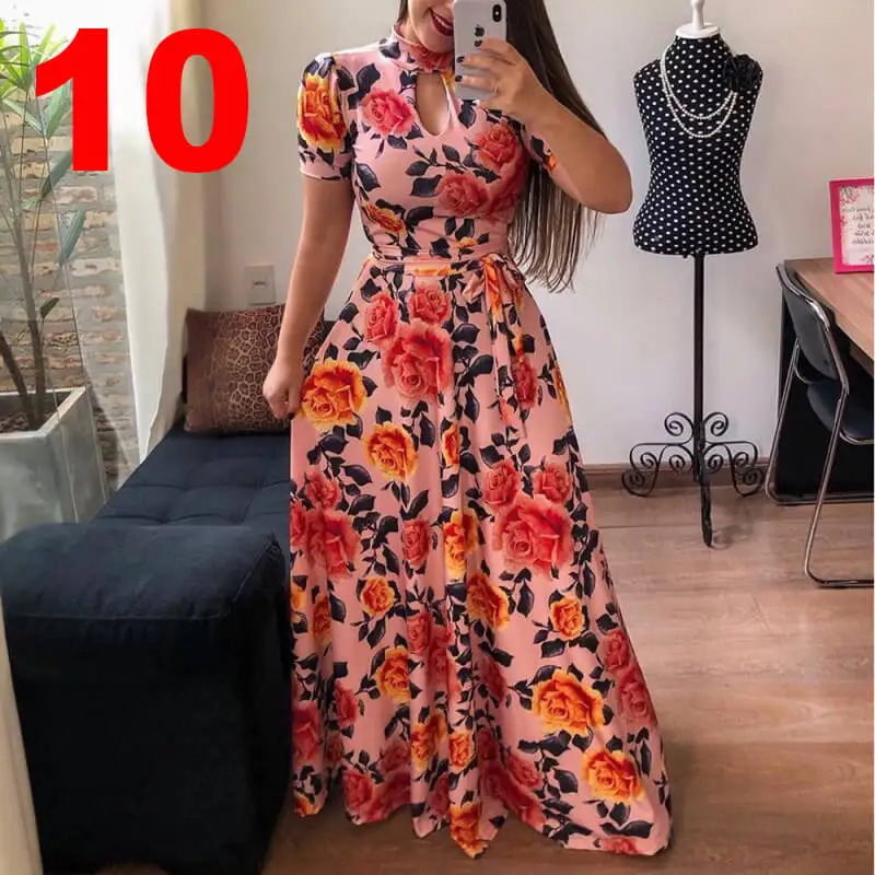 short sleeve 10 По сравнению с Размеры Повседневное Для женщин летнее платье из набивной ткани роковой вечерние платья Для женщин пуловер размера плюс уличная длинное Бандажное Макси платье - Цвет: short sleeve 10