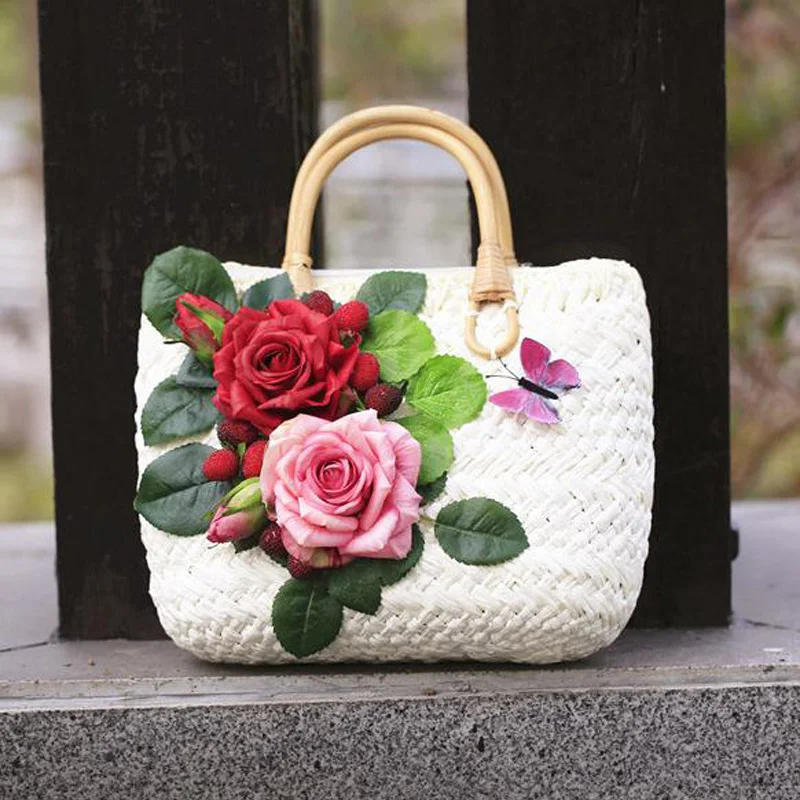 Летние соломенные сумки для женщин 2018 Роскошные цветы ручной работы Тканые